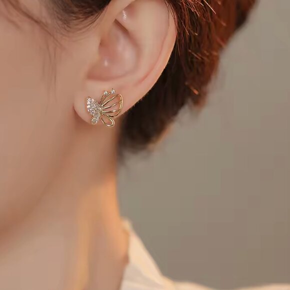 Elegant Gold OR Silver Color Cubic Zircon Butterfly Stud Earrings - Picture 6 of 9